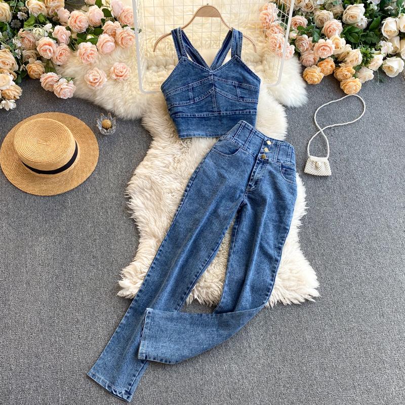 

Women' Two Piece Pants Sexy Off Shoulder Women Sets Spaghetti Strap Camisole Tops+High Waist Jean Wide Leg Summer Pieces Suits Fashion, Black