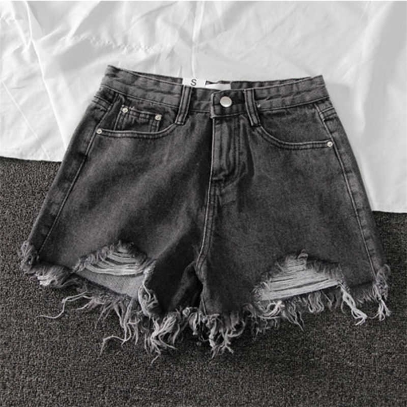 

Women Wide Leg Hole Black Denim Shorts Casual Female Streetwear Loose Solid Color White Jeans 210607