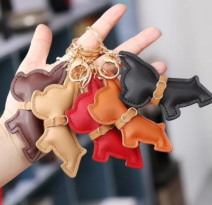 

French Dog Car Key Chains Buckle Puppy Bulldog Pendant Keychains Rings Holder PU Leather Animal Charms Cartoon Mens Jewelry Accessories for Women Bag Keyrings