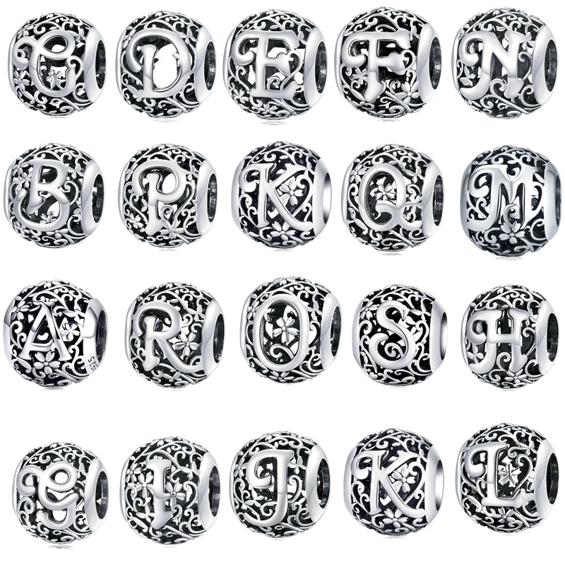 

High Quality s925 Sterling Silver Beads Charms Beaded Luxury Pendant Original Fit Pandora Bracelet Round 26 Letters DIY Fashion Jewelry Women Gifts