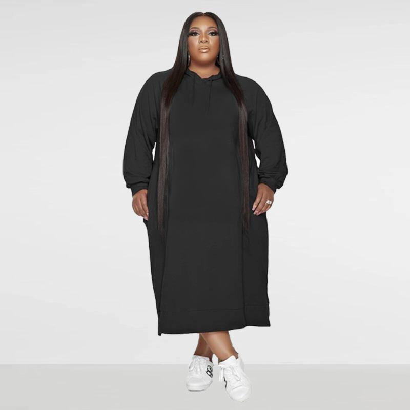 

Plus Size Dresses ZZ Women Clothing Hoodie Casaul Drawstring Hooded Long Sleeve Split Vestidos Drop WholesalePlus, Black