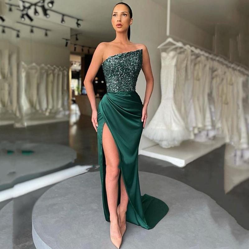 Party Dresses Elegant Royal Green Long Side Slit Prom Dress Gown Sleeveless Sequins Floor Length Mermaid Bling Night Evening DressesParty