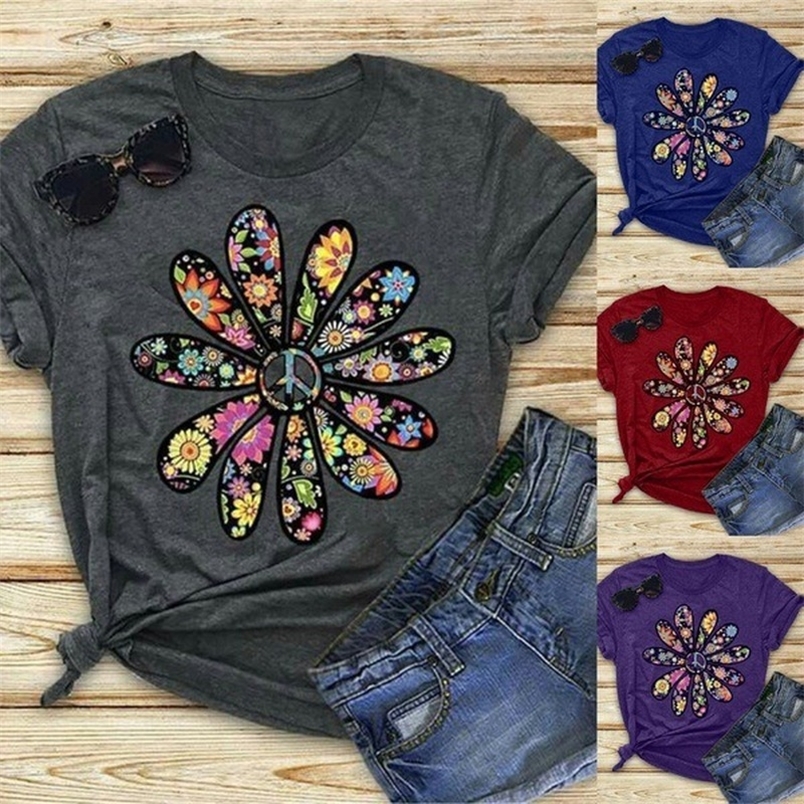 

Colorful Daisy Petal Print T Shirt Women Short Sleeve O Neck Loose Tshirt Summer Tee Tops Camisetas Mujer 220628, Burgundy