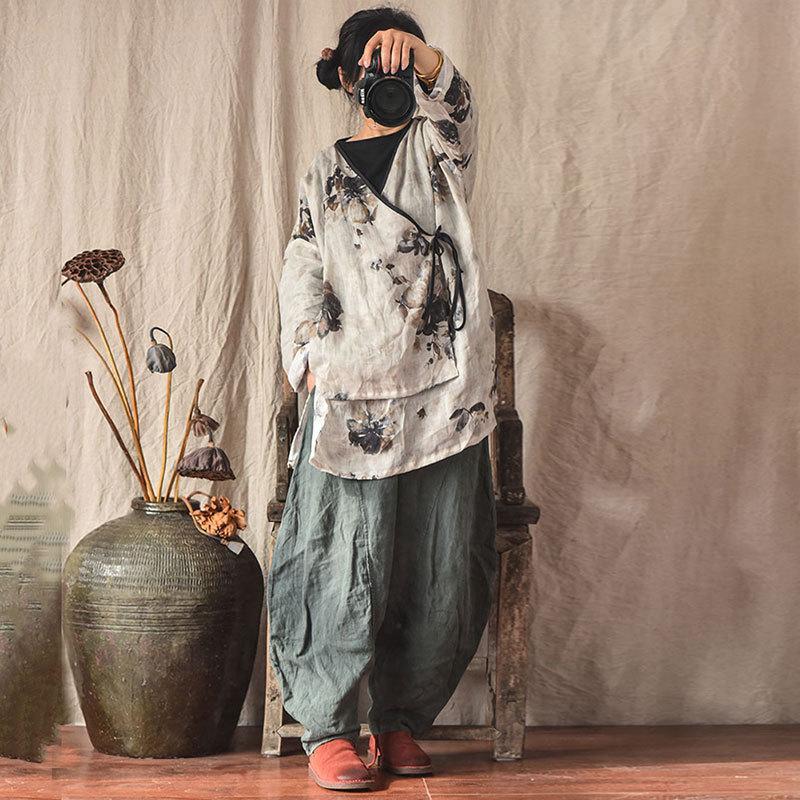 

Women's Blouses & Shirts Women Chinese Style And Tops Belt Print Floral V-Neck Long Sleeve 2022 Spring Vintage Loose FT685Women's, Beige