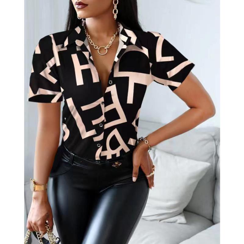 

Women' Blouses & Shirts Women Summer Print 2022 Casual Office Ladies Blouse Fashion Vintag Turn-down Buttons Short-sleeved Tops For WomanWo, 01