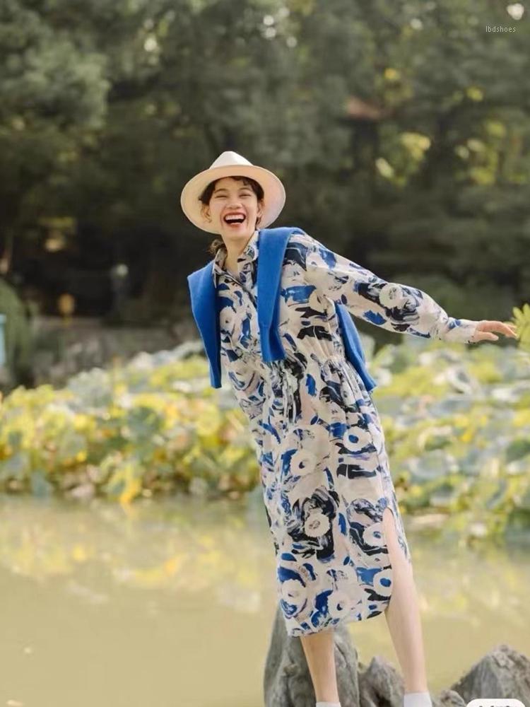 

Party Dresses Women Dress Dreamy Smudged Blue Printed Cotton Drawstring Waist Loose Lapel Midi DressParty, Blue print