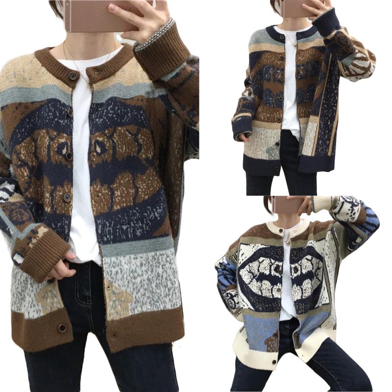 

Women's Knits & Tees Women Vintage Jacquard Totem Knitted Cardigan Coat Color Block Sweater Abstract Pattern Long Sleeve Round Neck Cardigan, Black