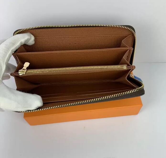 

2022 Fashion women clutch wallet pu leather wallet single zipper wallets lady ladies long classical purse with orange box card and dust bag 60017, Brown flower