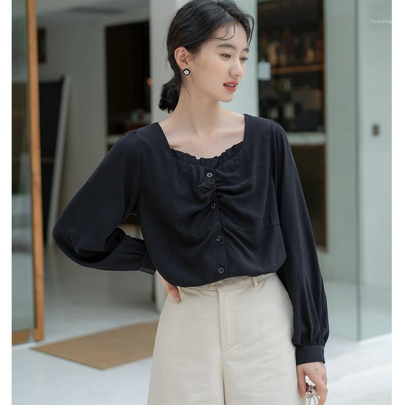 

Women's Blouses & Shirts 2022 Spring French Girl Square Collar Button Puff Sleeve Shirt Loose Ruffled Pleated Long, Black