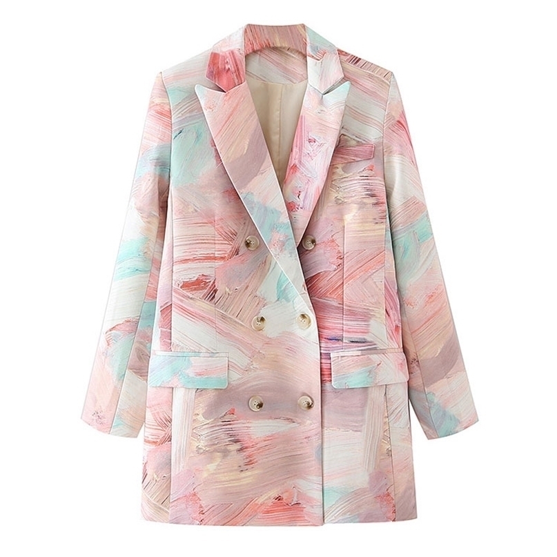 

TRAF Women Fashion Double Breasted Graffiti Print Blazers Coat Vintage Long Sleeve Pockets Female Outerwear Chic Tops 220813, As picture