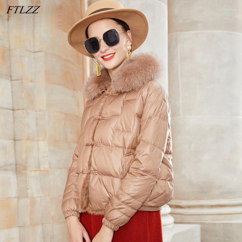 

Women's Down & Parkas FTLZZ Winter Natural Fur Collar Jacket Women 90% White Duck Warm Short Coat Vintage Single Breasted Loose Snow Outwear, Black