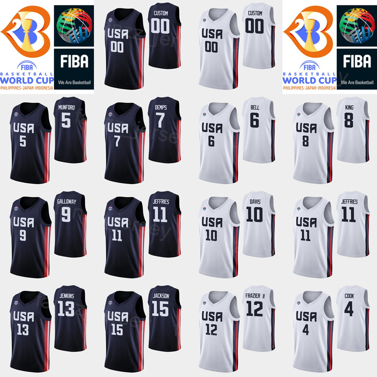 

Screen Printed US Basketball 2023 FIBA World Cup 11 DaQuan Jeffries Jersey 6 Bell 14 Eric Mika 10 William Davis 8 George King 7 Cody Demps 12 Michael Frazier II Navy Blue, With patch
