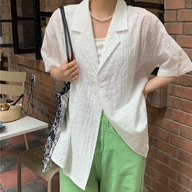 

Women's Suits & Blazers Chic White Women Loose Short Sleeve Notched Shirts Blouses 2022 Summer Casual Female Office Ladies Korean Tops J504