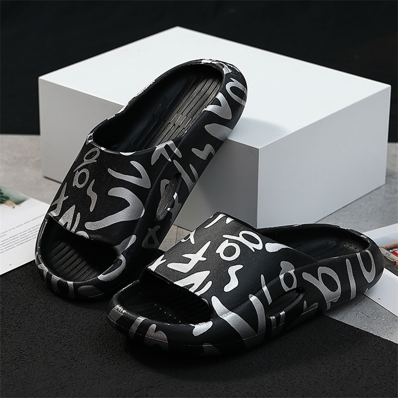 

Summer Soft Men's Slippers Flip Flops Printing Sandals Woman Graffiti Anti-slip Outdoor Thick Beach Slides Non-slip Ladies Shoes 220425, Black