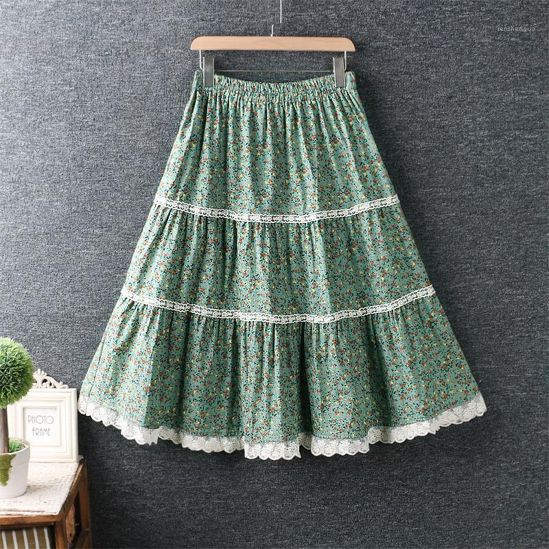 

Summer Sweet Japan Style Fresh Elastic Waist Skirt Women Cotton Floral Skirts, Green