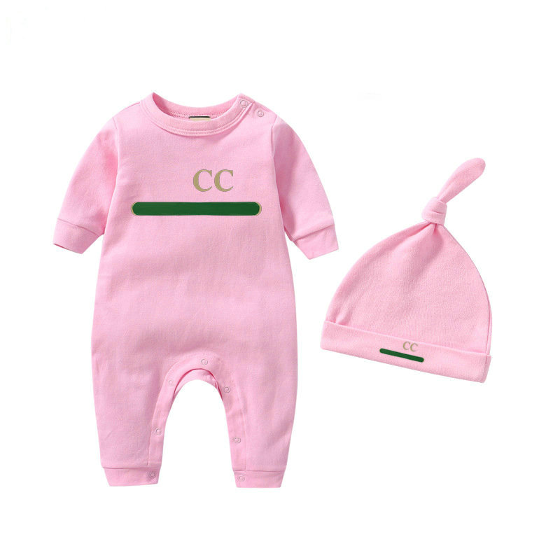 

In stock 100%cotton newborn kids Rompers hat baby Boys girls Fashion designer print Long sleeve jumpsuit hat 2 piece set with box G0018, Pink