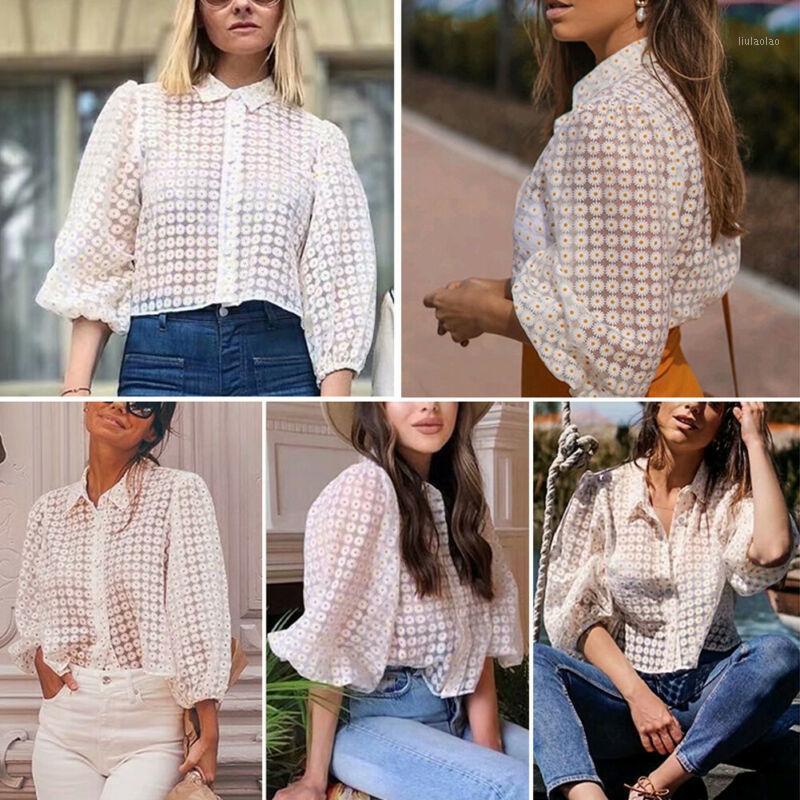 

L Fashion Women Sheer Tee Boho Floral Loose Long Lantern Sleeve Shirt Tops Perspective Blouse Women' Blouses & Shirts, White