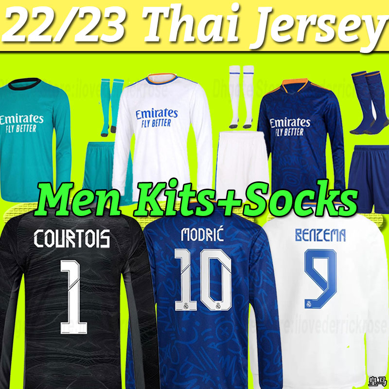 Manches longues 2022 2023 Benzema Soccer Jerseys 21 22 23 Shirt Football Vini Jr Alaba Hazard Asensio Modric Marcelo Camiseta Men Kid Kit Kit Rea
