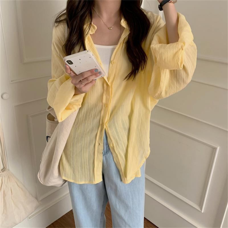 

Women's Blouses & Shirts HziriP 2022 Yellow Fashion Chic Sunscreen Elegant Lapel Full Sleeves Loose Streetwear Autumn Office Lady Tops, Photo color