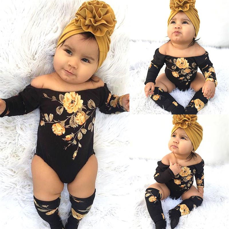 

3pcs Newborn Baby Girl Set Off Shoulder Flower Romper Leg Warmers Outfit Clothes, Black