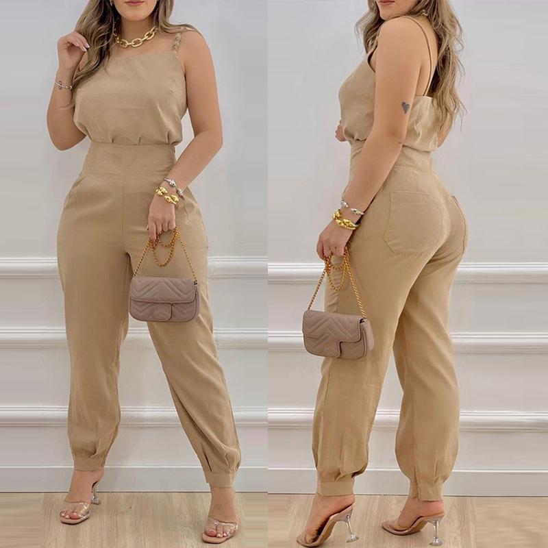 

Women' Two Piece Pants Summer Women Sexy Suit Sets Solid Color Spaghetti Strap Sleeveless Top Pocket Design Casual SetsWomen, Khaki