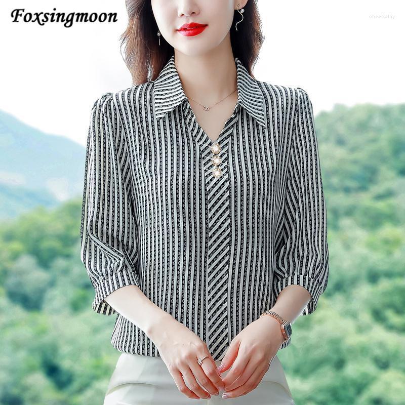 

Women's Blouses & Shirts High Quality Fashion Wild Neck Chiffon Women Clothing 2022 Summer Loose Three Quarter Sleeves Tops Striped Graceful, Black