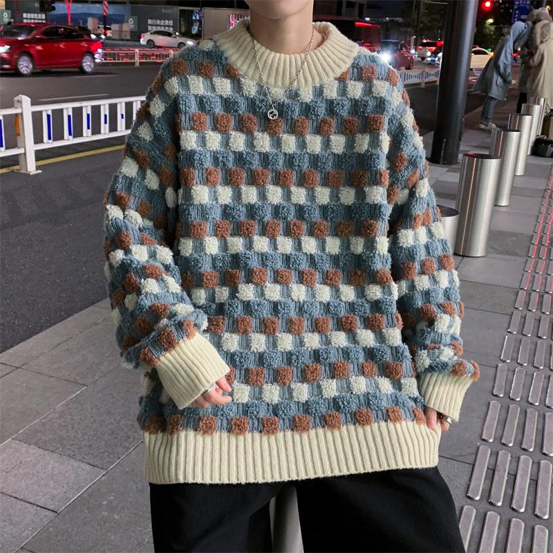 

Men's Sweaters Autumn Plaid Round Neck Sweater Men Japanese Streetwear Knitted Warm Pullover Vintage High Street Korean Style Long-Sleeved T, Black