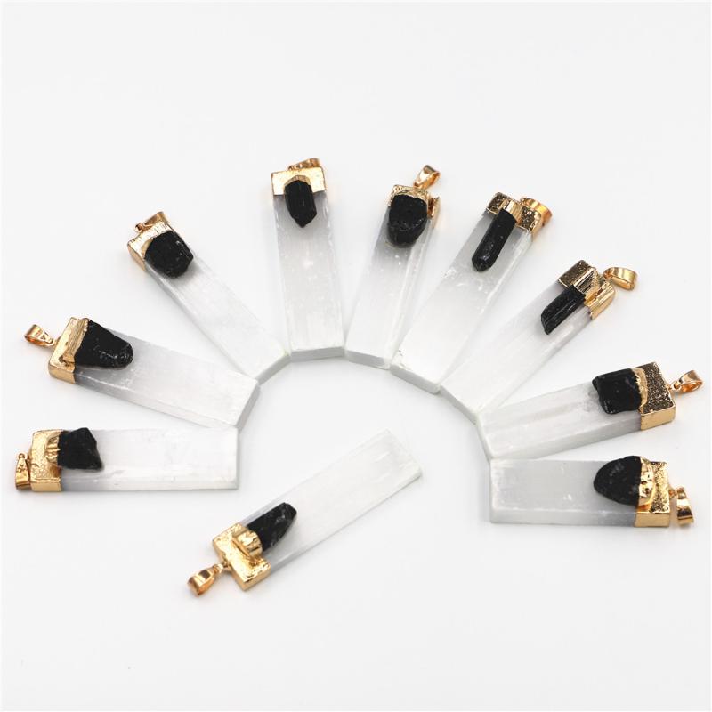 

Pendant Necklaces Natural Selenite Plaster Black Tourmaline Pendants Rock Mineral Specimen Jewelry Reiki Healing Energy Charms DIY Souvenir