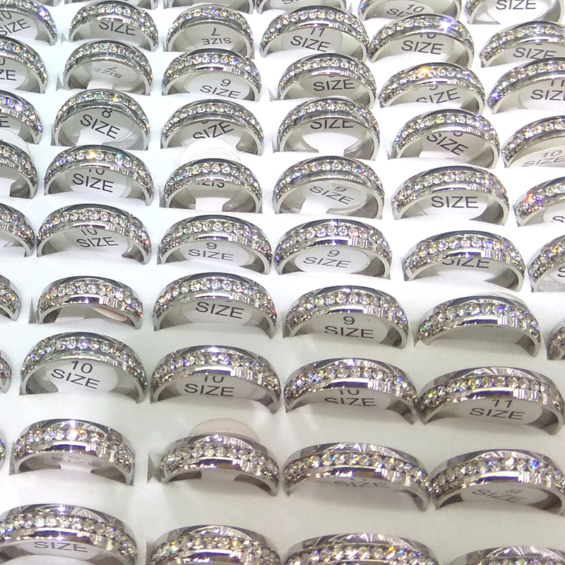 

50pcs Silver Color Stainless Steel Band Rings 6mm Width Clear Rhinestone Surrounding Mixed Size