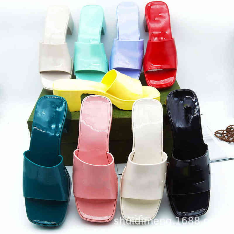 

g Family High-heeled Jelly Shoes Women's Thick Soled Slippers Pvc Square Head Heels Large, Dark green