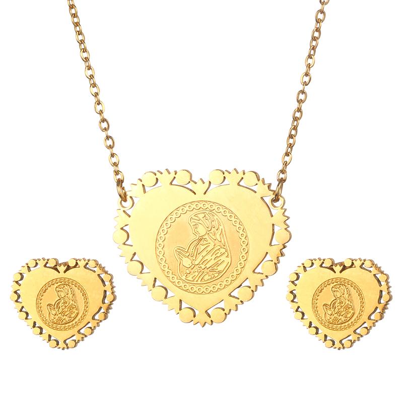 

Earrings & Necklace Stainless Steel Heart Gold Color Unisex Virgin Mary Necklaces For Women Men Catholic Charms Religion Jewelry SetsEarring, As pic