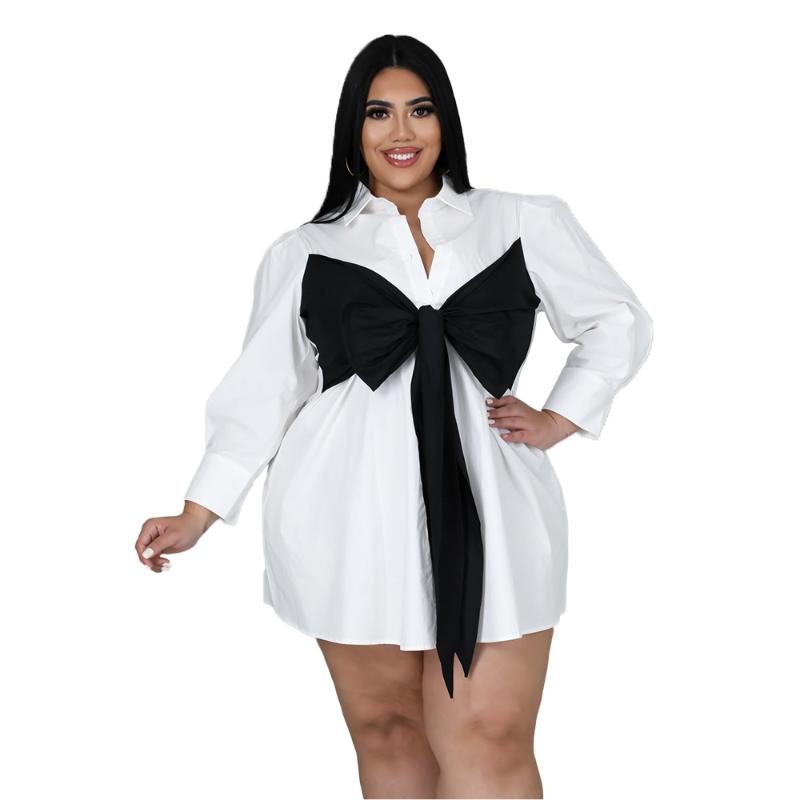 

Plus Size Dresses Solid Color Patchwork Bow Tie Oversized Loose Shirt Dress Women Long Sleeve Mini 4xl 5xl Vestido Casual ElegantePlus, Black