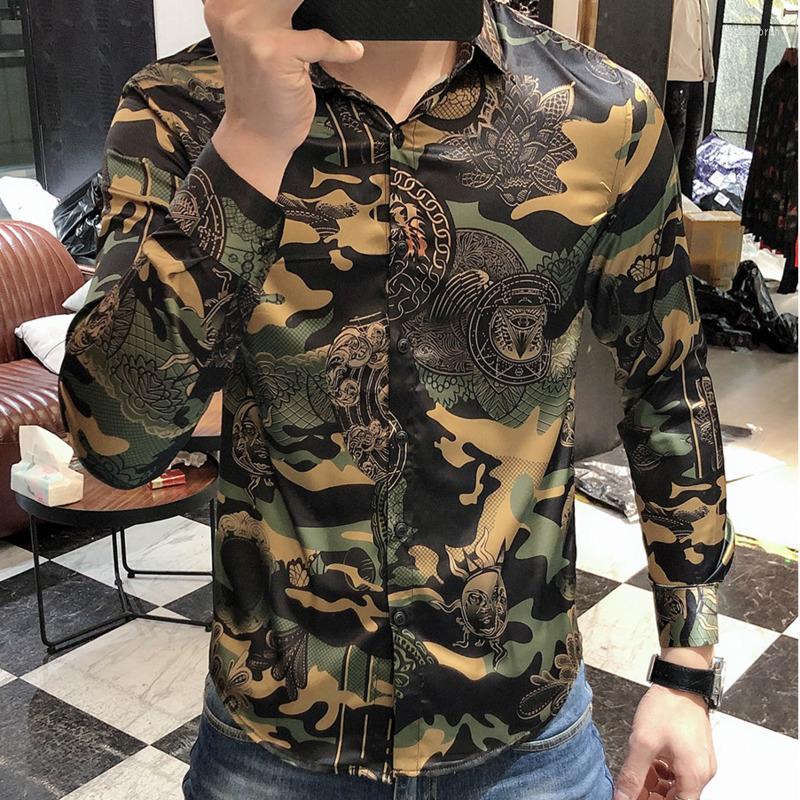 

Men's Dress Shirts Spring Long Sleeve Slim Shirt Men Fancy Ropa Hombre Casual Streetwear Camouflage Camisa MasculinaMen's Eldd22, Green