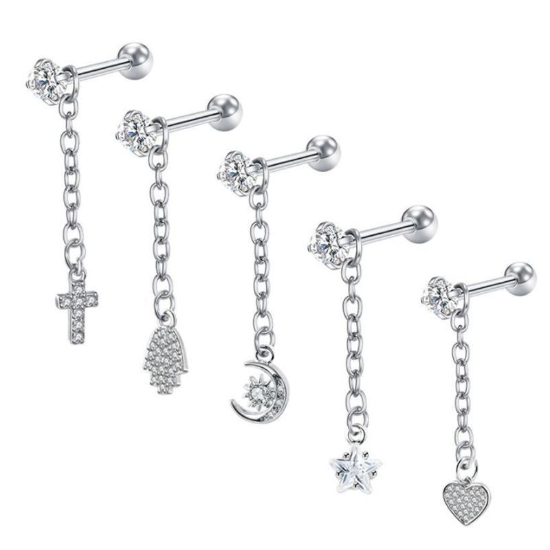 

Dangle Chain Heart Butterfly Cross Palm Ear Cartilage Tragus Studs Earrings Body Piercing Jewerly For Women and Girls