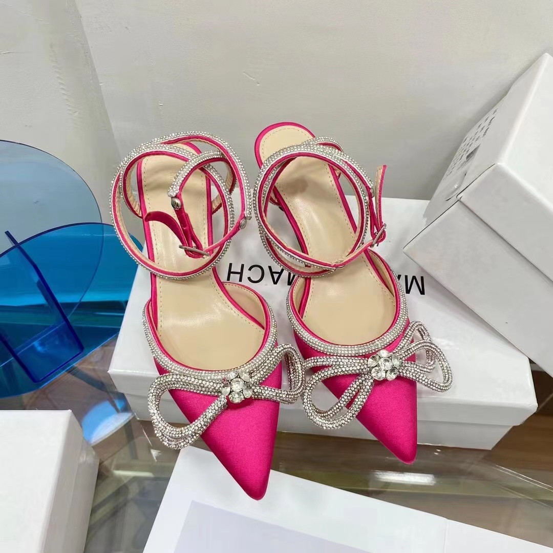 

Designer shoes Women wedding dress pump sandal shoe slingback Crystal Double Bow Pointed Toe Pumps Crystals sparkle double-bow ankle strap high heels