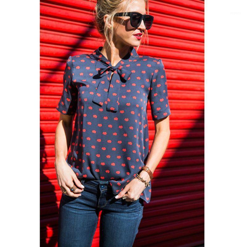 

Chiffon Blouse Fashion Red Lips Printed Tops Women Casual Bow Short Sleeve Blouses Summer Women's & Shirts, White