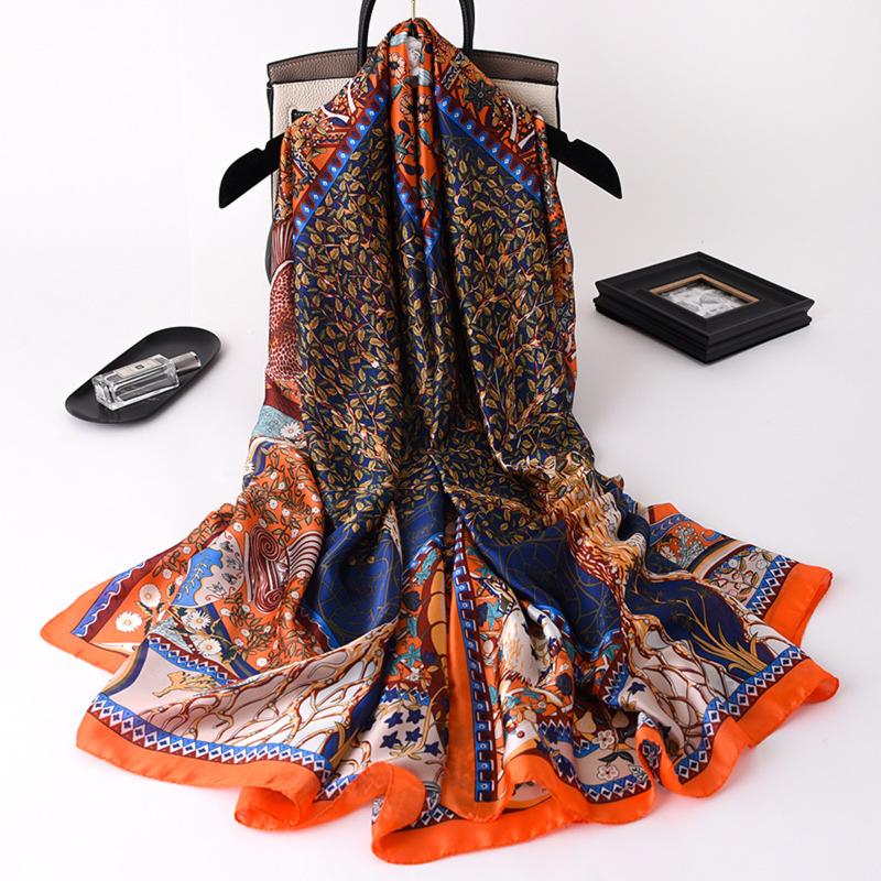 

Berets 4 Colors Women Scarf Spring Summer Autumn Winter Fashion Tree Birds Flower Colorful Breathable Soft Silk Brand Shawls
