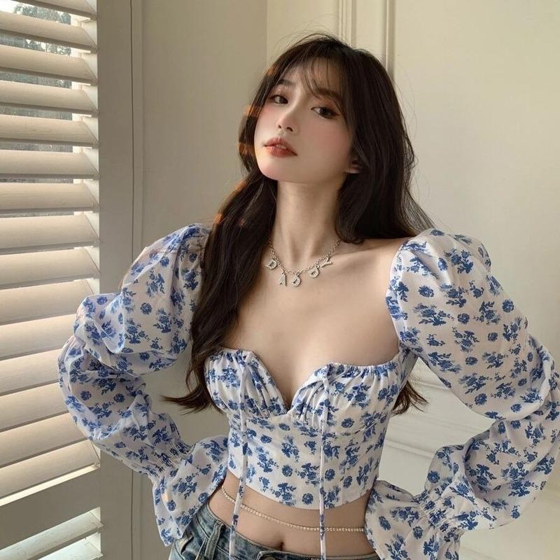 

Women' Tanks & Camis 2022 Floral Top Women White Sweet Square Neck Long Puff Sleeve Ruched Drawstring Crop Summer Woman Party Blouse, Blue