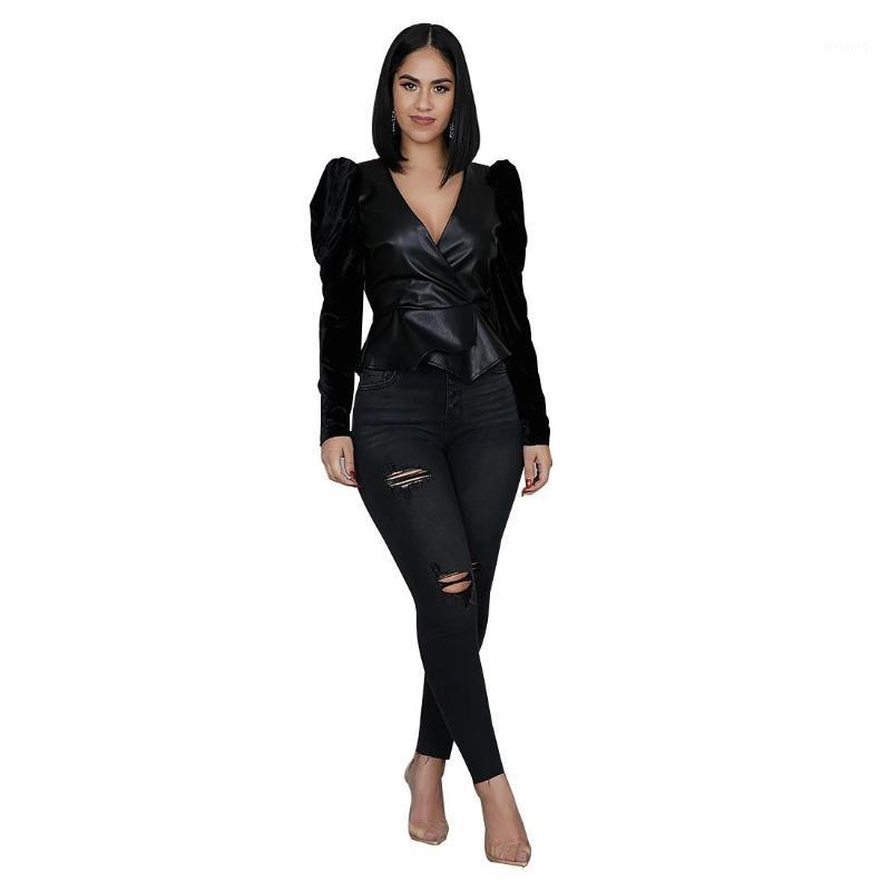 Two Piece Dress Fashion Women Jackets Pu Leather Set V Neck Patchwork Long Sleeve Solid Color Tops Pants Suit Short Casual Black Outfits