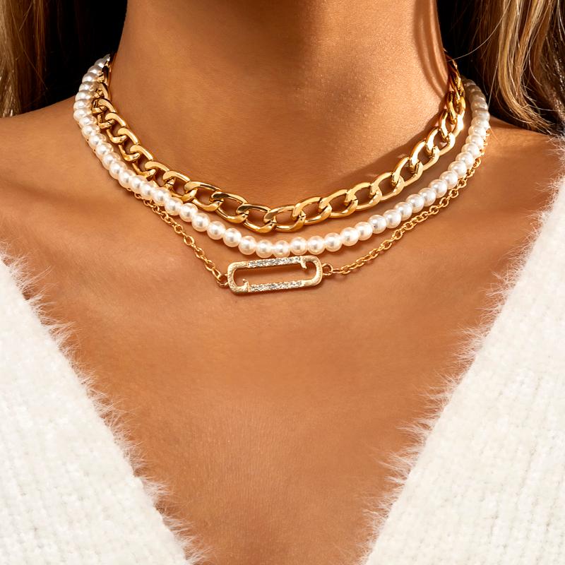 

Pendant Necklaces Vintage Punk Simulated Pearls Multi Layer Clavicle Chain Choker Necklace For Women Fashion Geometric Rhinestone Jewelry