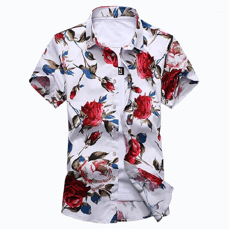 

Men's Slim Flower Printed White Black Shirt Short Sleeve Casual Floral Hawaii Beach Fashion Holiday Lapel 5XL 6XL 7XL Shirts