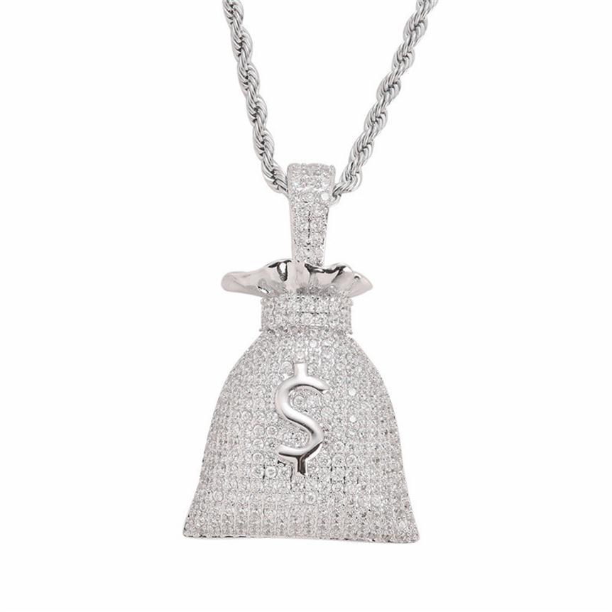 

US Dollar Money Bag Pendant With Tennis Chain Gold and Silver Color Cubic Zircon Men's Hip hop Necklace Jewelry For Gift236S