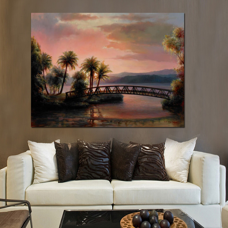 

HD Print Poster Modern Sunset Beach Coconut Tree Seascape Bridge Abstract Oil Painting on Canvas Wall Picture for Living Room