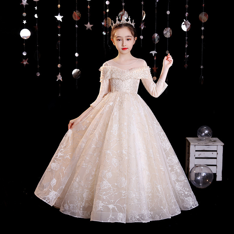 2022 Flower Girl Dresses for Weddings Lace Long Sleeve Girls Pageant Dresses First holy Communion Dress Little Girls toddler Prom lace bead Ball-image-781627289