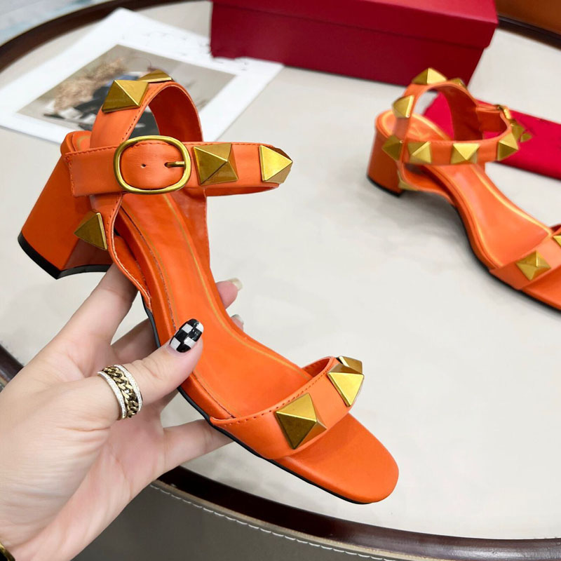 

Summer women's sandals fashion designer sexy high heels leather studs chunky heels elegant casual comfortable office shoes, 12