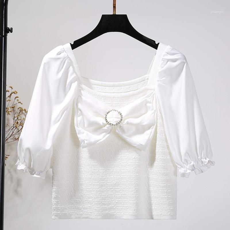 

Women' Blouses & Shirts [EWQ] Korea Chic Summer Casual Trendy Women Square Collar Bowknot Stitching Fashion Simple Puff Sleeve Shirt Top 20, Black