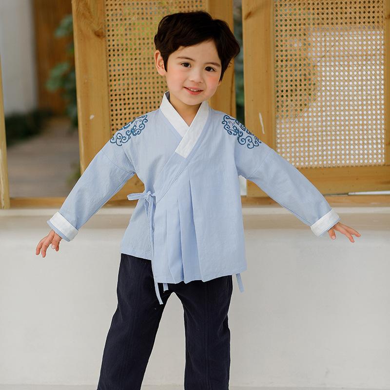 

Ethnic Clothing 2pcs Kids Blue Hanfu Children Baby Boys Chinese Style Retro Embroidered Red Tang Suit Year Oriental Set Tops PantsEthnic