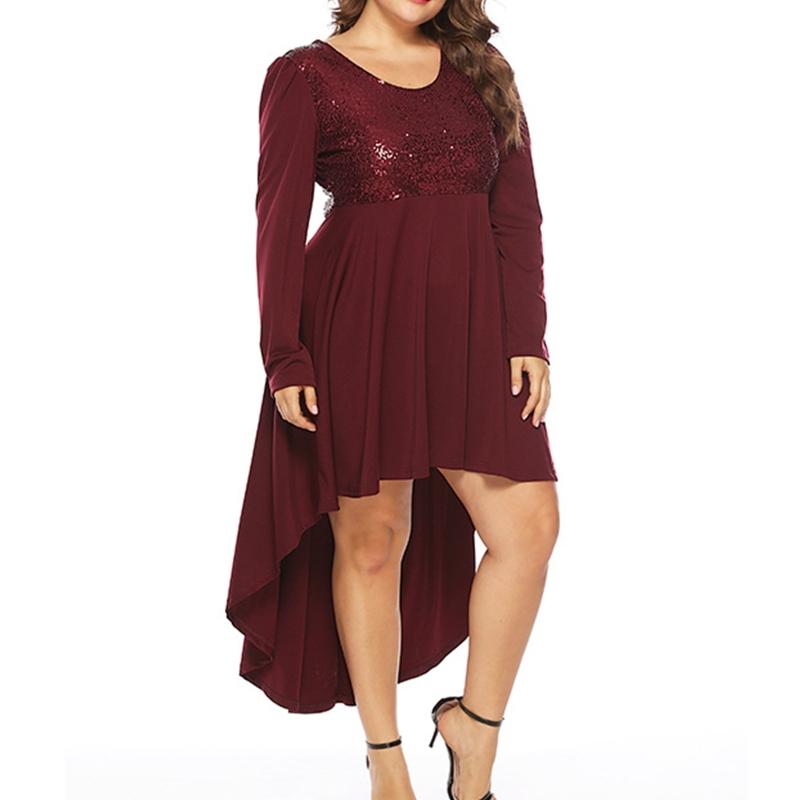 

Casual Dresses Women Long Sleeve Glitter Sequins Pleated Asymmetric Hem A-Line Midi Swing DressCasual, Fuchsia
