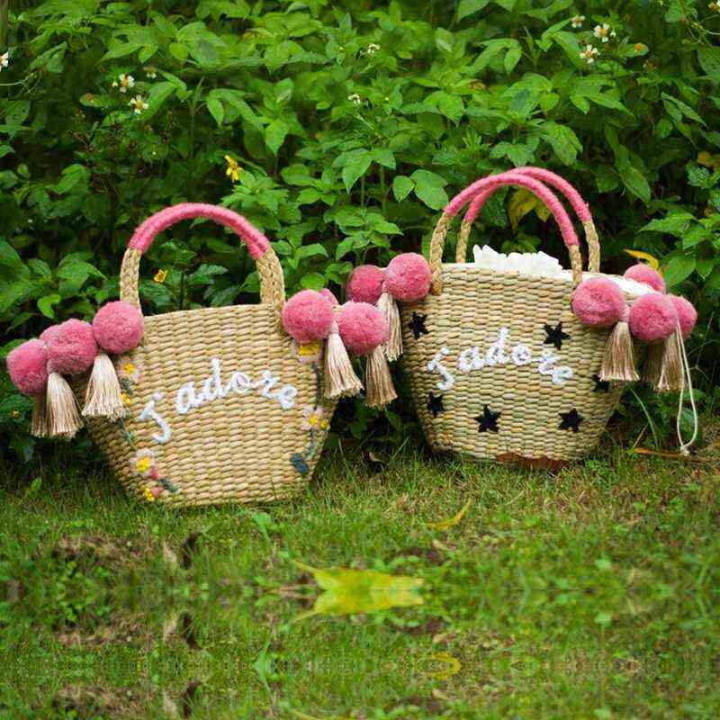 

Beach Bag for Women Cute Handmade Straw Bags Tassels Pom Summer Vacation Handbags Drawstring Basket Bag Travel Tote 220616, As is shown in