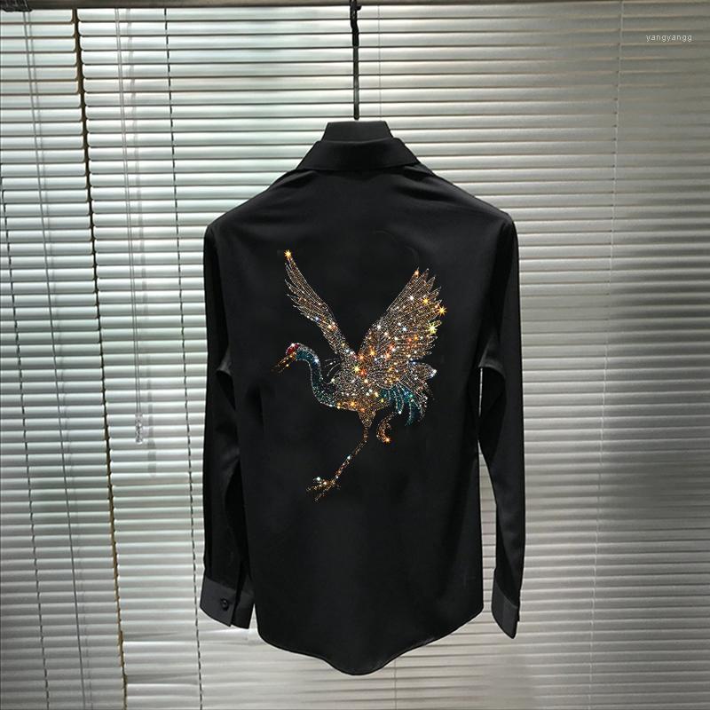 

M-5XL Plus Size Men's Shirt Super Shiny Animal Design Diamond Loose Fashion Brand Long Sleeves Casual Shirts, As shown asian size